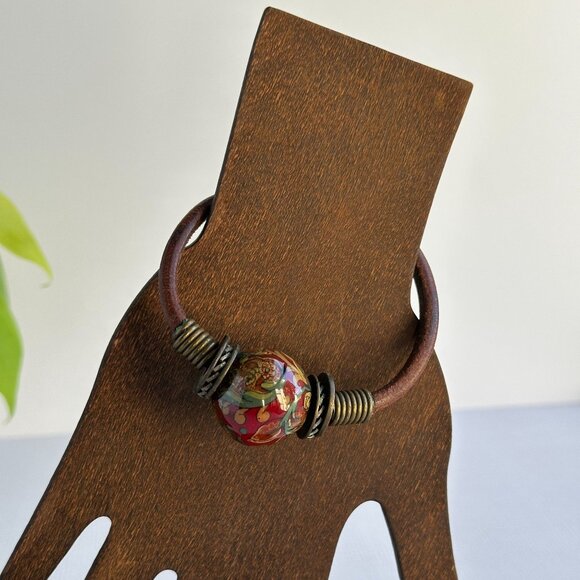 Vintage Boho Ceramic Bracelet, Leather Cord Choker - Picture 6 of 7